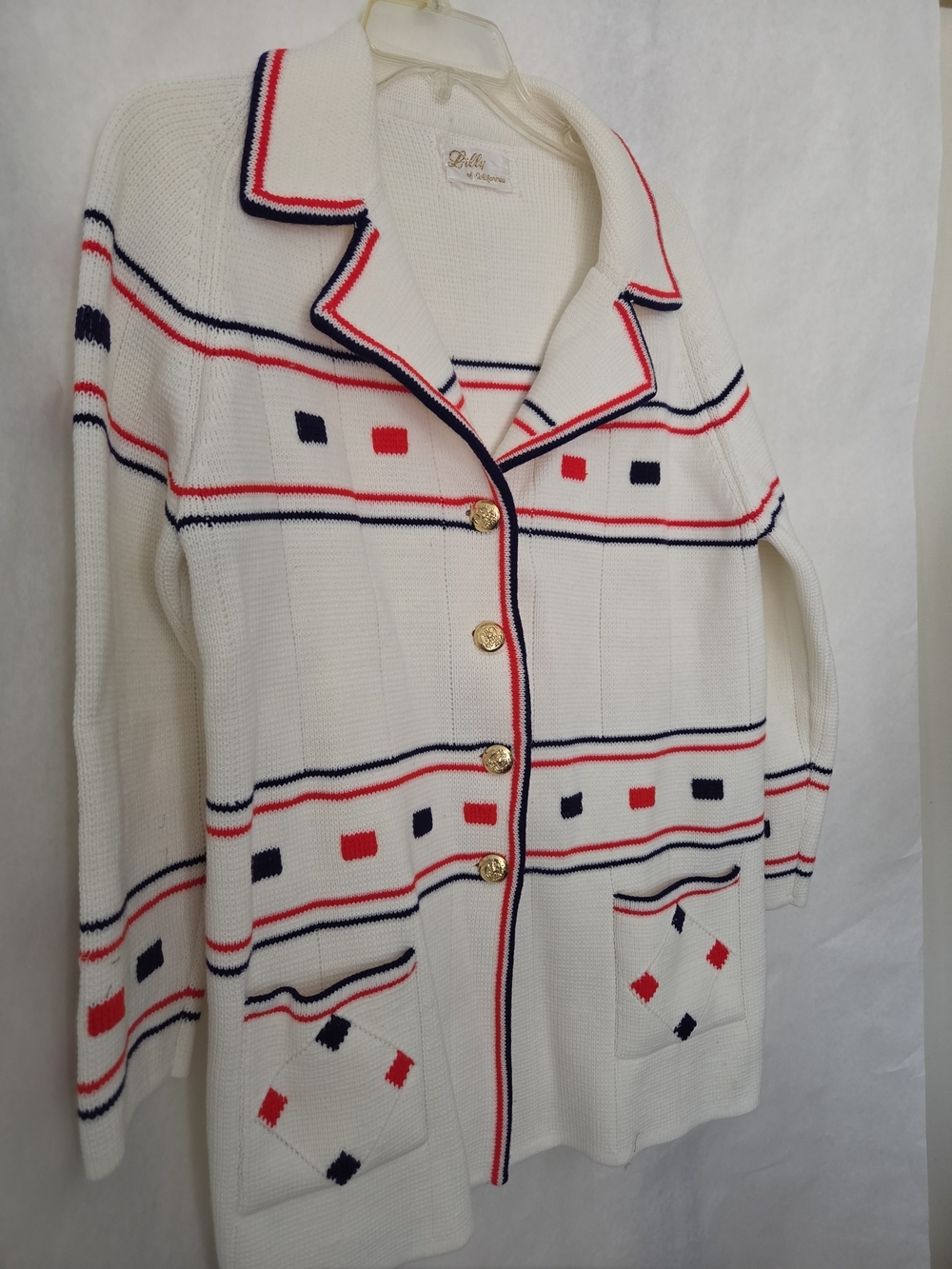 Vintage Lilly Of California Acrylic Cream Knit Cardigan with Red & Navy Accents